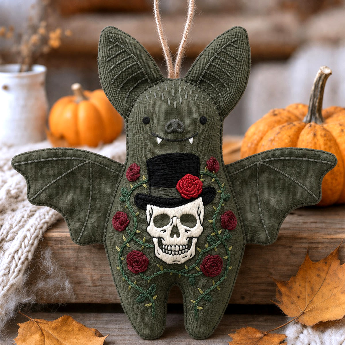 Rubbyoo Bat Embroidery Kit - Skull In Top Hat | Romantic Dark Aesthetic Craft | Victorian Gothic Halloween Decor - 6 inches hoop kit - image 1