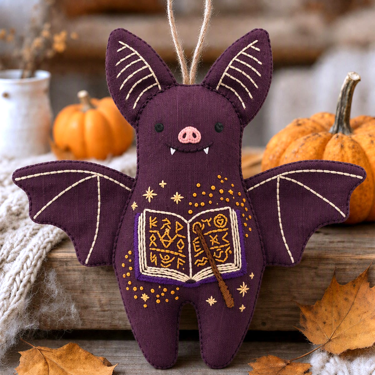 Rubbyoo Bat Embroidery Kit - Open Spell Book | Halloween Party Favor | Window Hanging Decor - 6 inches hoop kit - image 1