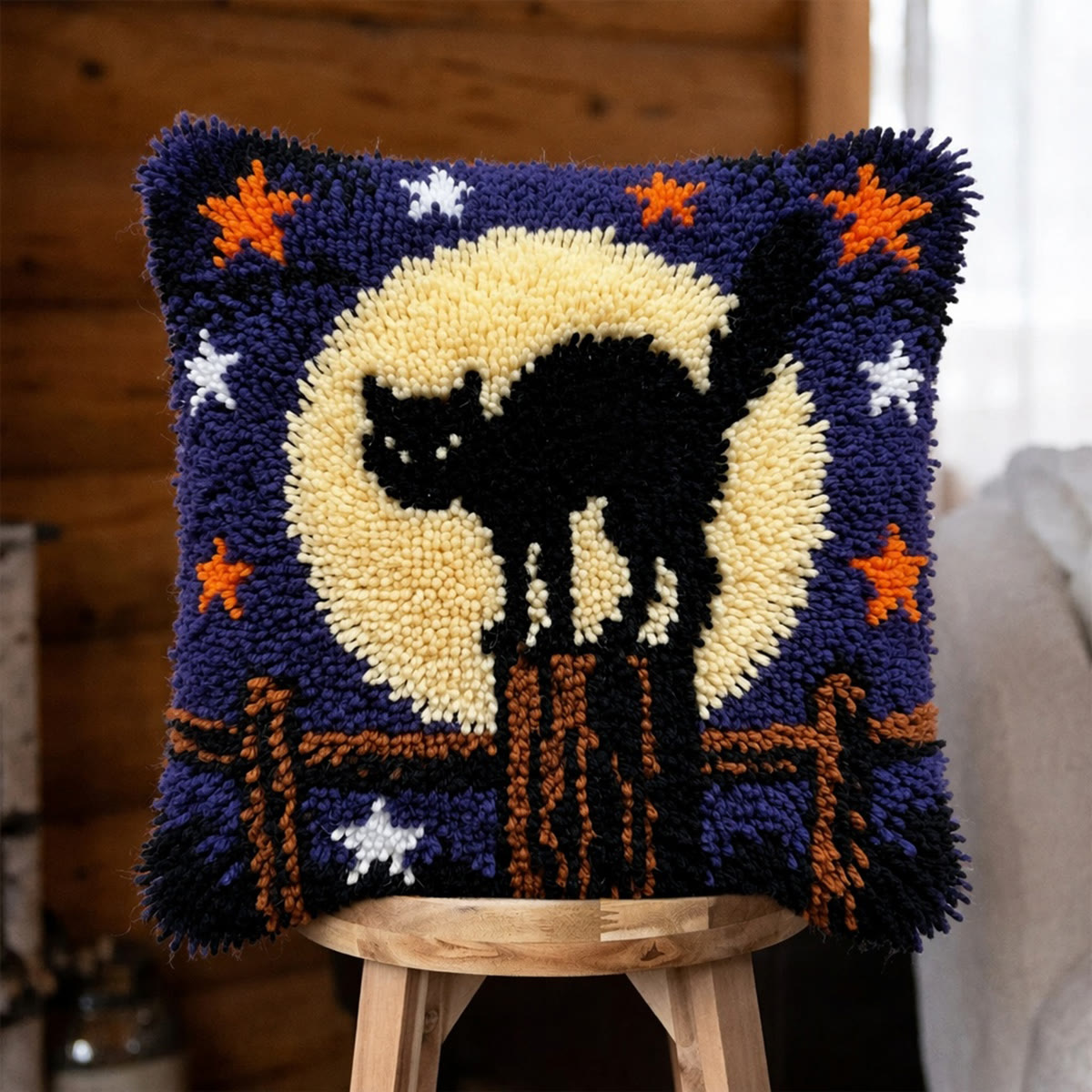 Rubbyoo Latch Hook Pillow Kit - Mischievous Black Cat | Versatile Home Decor | Thoughtful Halloween Gift Idea - 43*43cm - image 1
