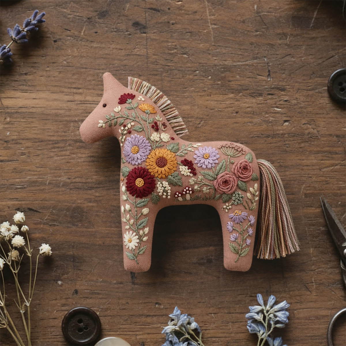 Rubbyoo Dala Horse Embroidery Kit - Vibrant Flowers | Unique Gift For Her | Cottagecore Bag Charm - 6 inches hoop kit - image 1