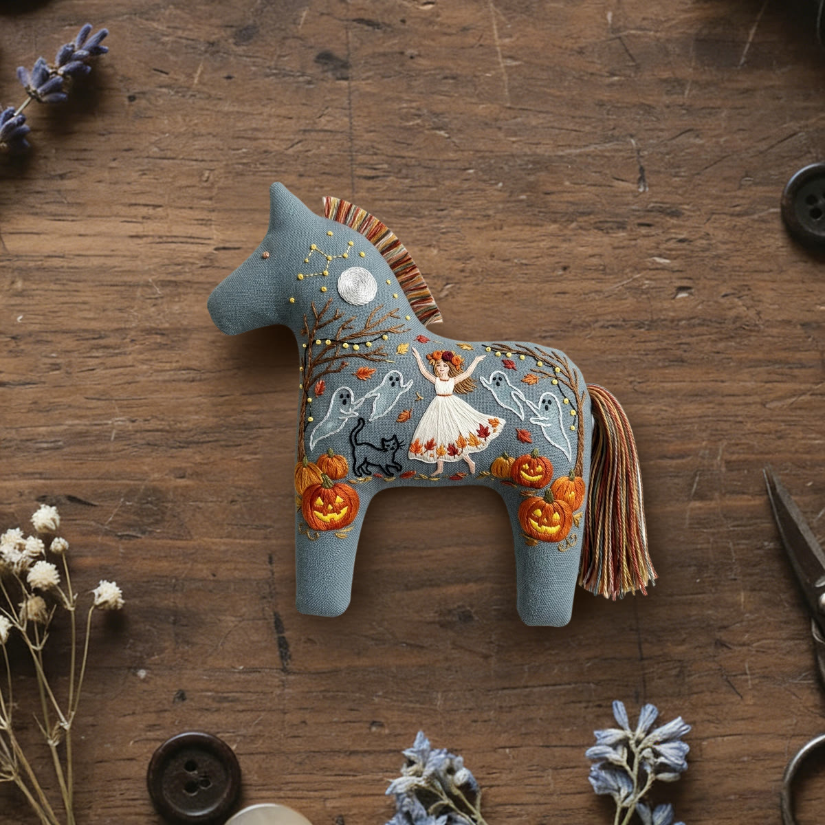 Rubbyoo Dala Horse Embroidery Kit - Dancing Girl | Witchy Gift For Her | Cute Halloween Ornament - 6 inches hoop kit - image 1