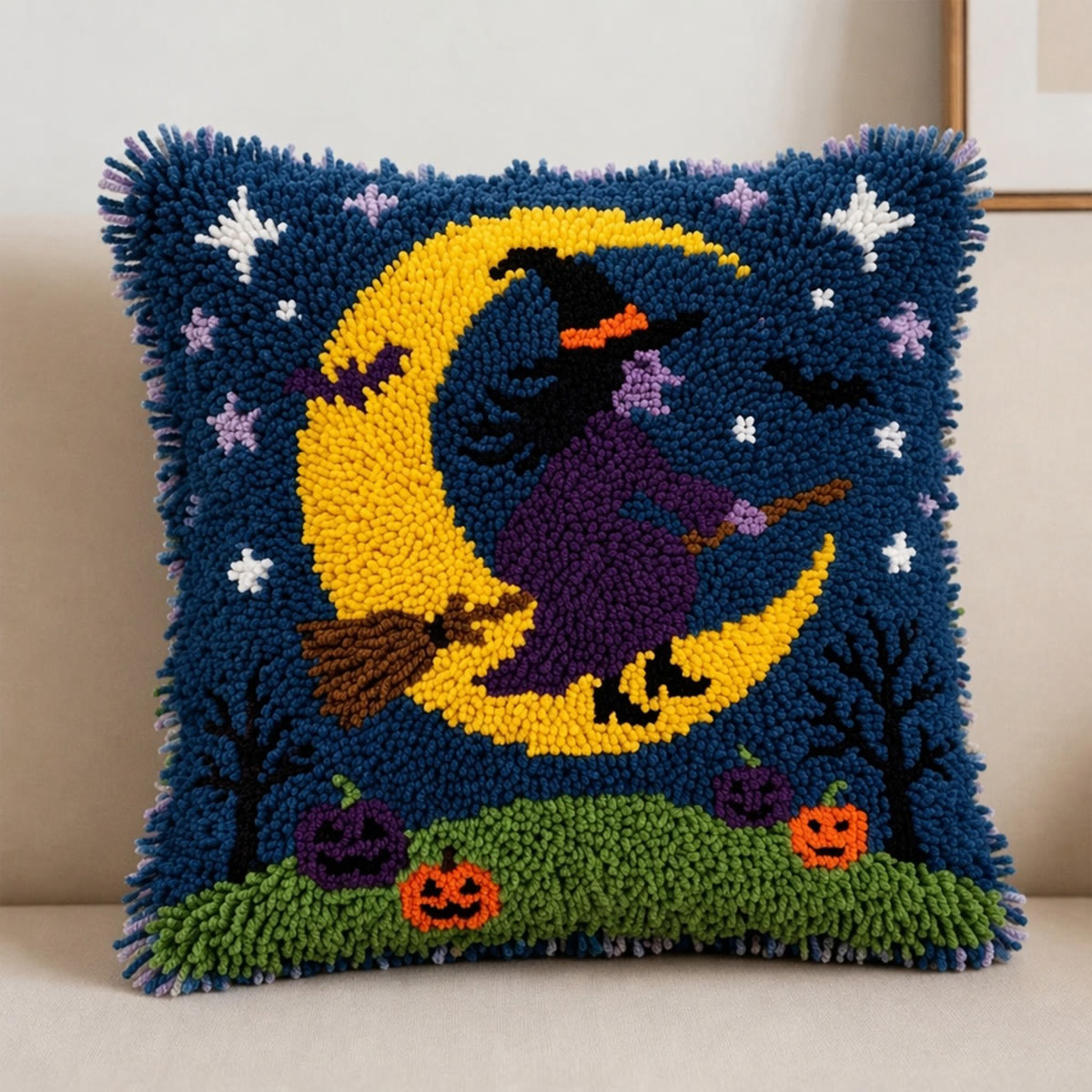 Rubbyoo Latch Hook Pillow Kit - Flying Witch | Cozy Cushion Art | Diy Halloween Room Decor - image 3