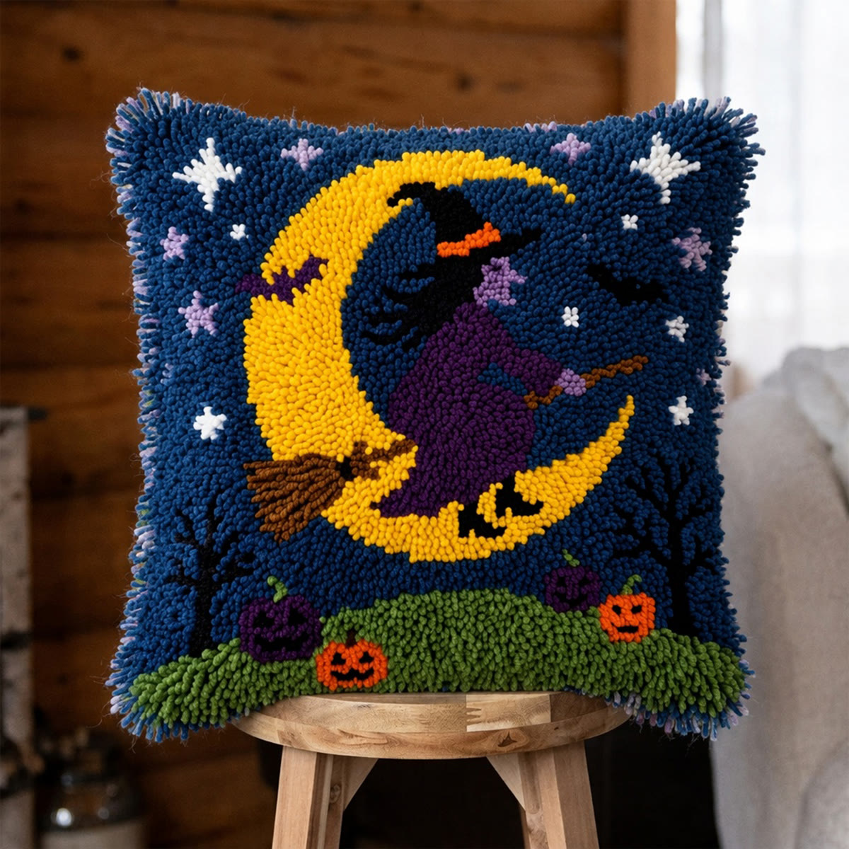 Rubbyoo Latch Hook Pillow Kit - Flying Witch | Cozy Cushion Art | Diy Halloween Room Decor - 43*43cm - image 1