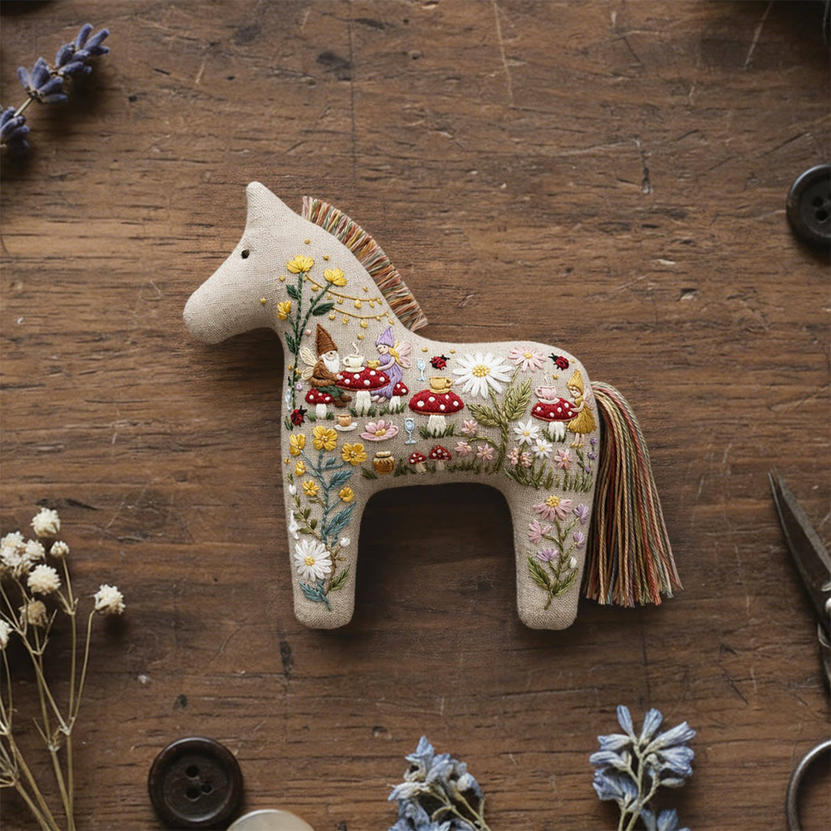 Rubbyoo Dala Horse Embroidery Kit - Garden Gnome | Whimsical Gift For Her | Handmade Bag Pendant - 6 inches hoop kit - image 1