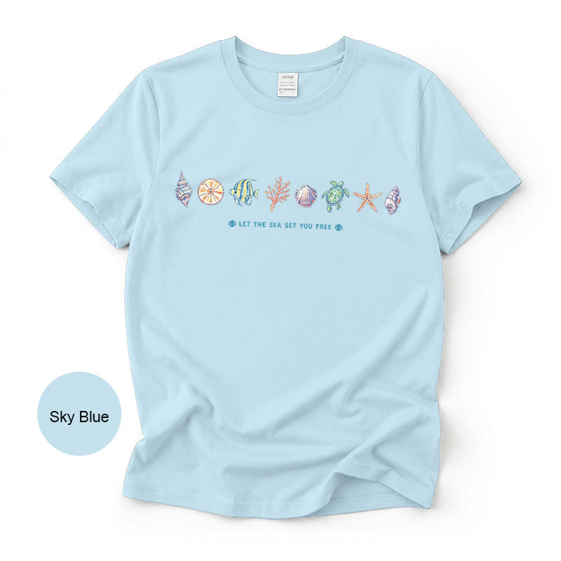 Rubbyoo Beach Day Graphic Tee  - Cartoon Coastal Sketch | Eye-Catching Summer Vacation Look - image 1