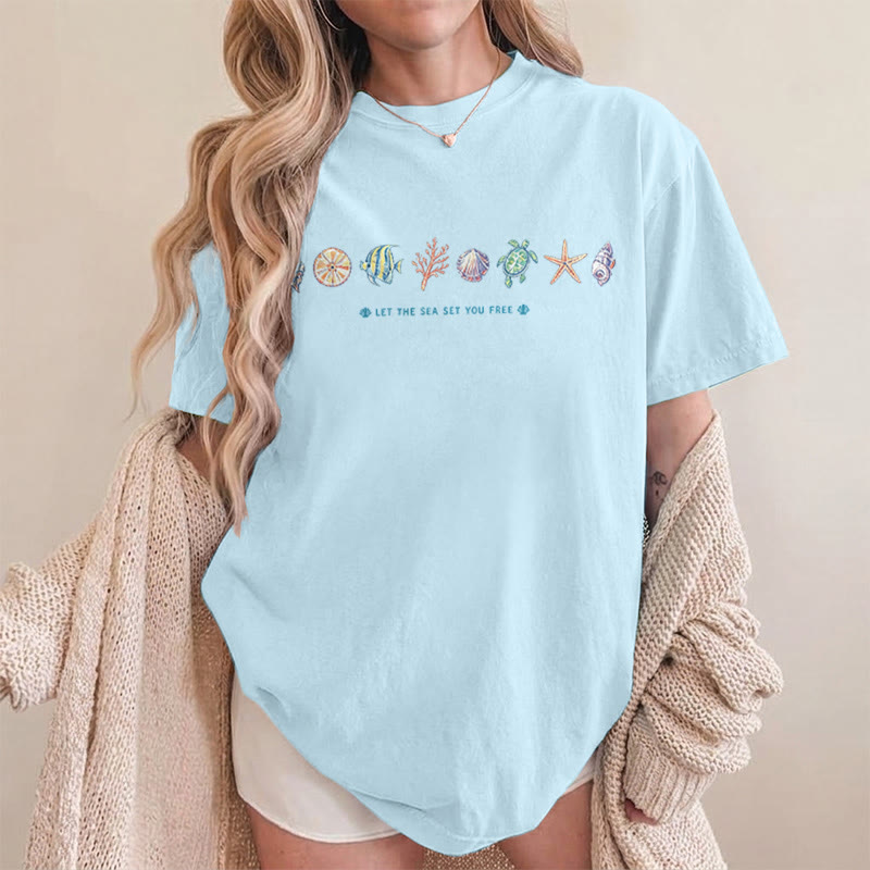 Rubbyoo Beach Day Graphic Tee  - Cartoon Coastal Sketch | Eye-Catching Summer Vacation Look - image 13