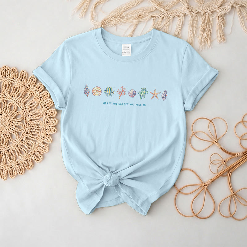 Rubbyoo Beach Day Graphic Tee  - Cartoon Coastal Sketch | Eye-Catching Summer Vacation Look - Sky Blue - 2XL - image 3