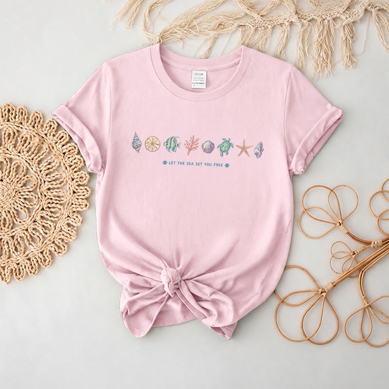 Rubbyoo Beach Day Graphic Tee  - Cartoon Coastal Sketch | Eye-Catching Summer Vacation Look - Pink - 2XL - image 7