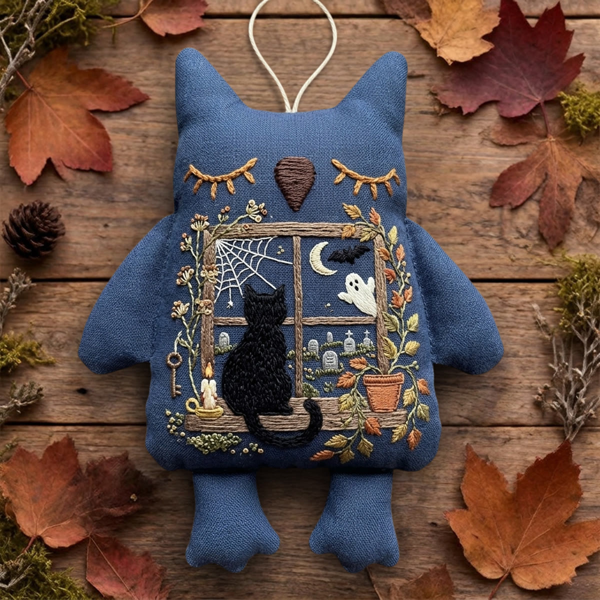 Rubbyoo Owl Embroidery Kit - Black Cat On Window Sill | Handmade Craft | Halloween Home Decor - 6 inches hoop kit - image 1