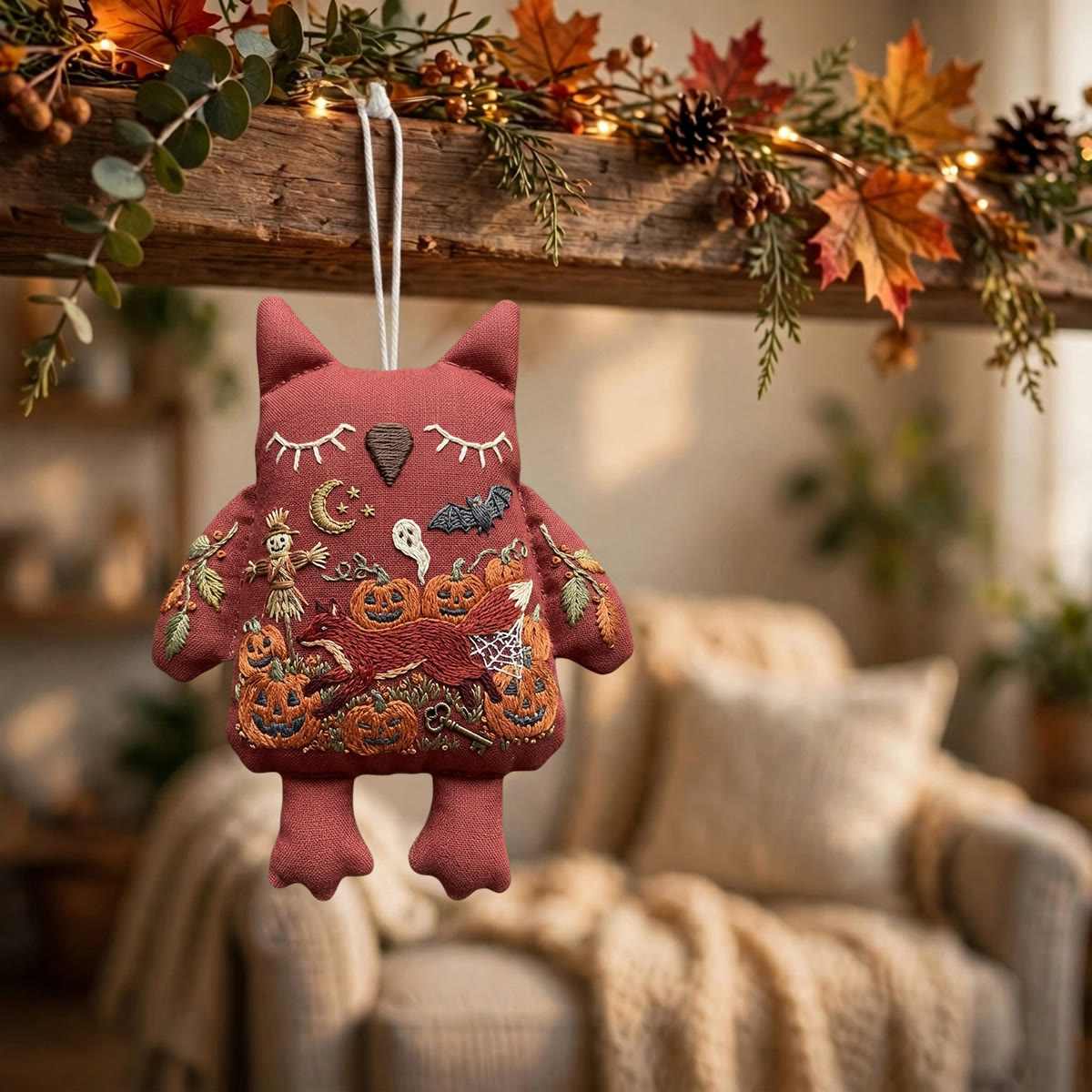 Rubbyoo Owl Embroidery Kit - Red Fox Leaping In Pumpkin Patch | Spooky Season Gift | Door Hanger - image 5