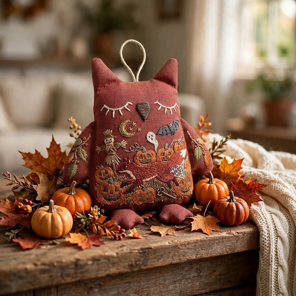 Rubbyoo Owl Embroidery Kit - Red Fox Leaping In Pumpkin Patch | Spooky Season Gift | Door Hanger - image 4