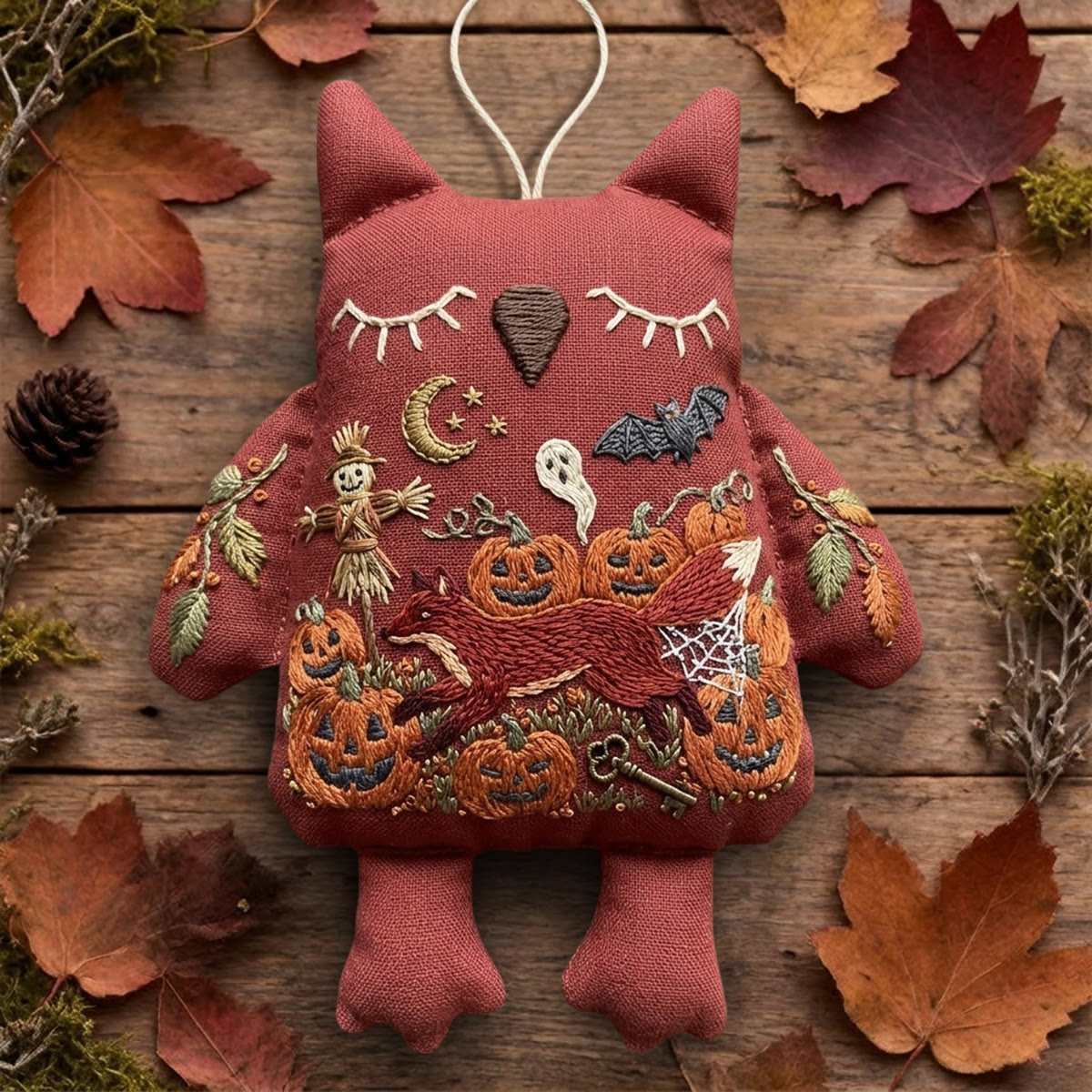 Rubbyoo Owl Embroidery Kit - Red Fox Leaping In Pumpkin Patch | Spooky Season Gift | Door Hanger - 6 inches hoop kit - image 1