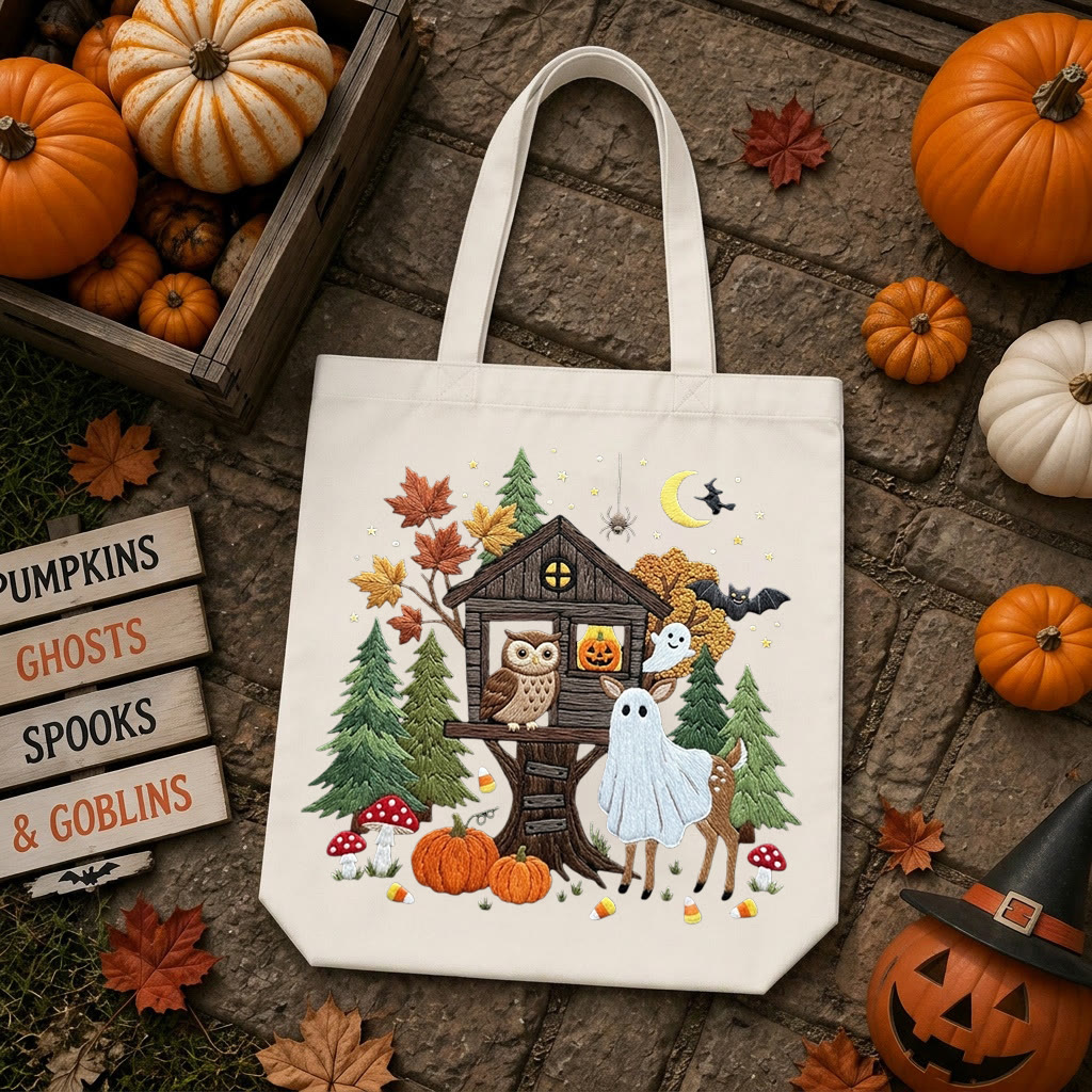 Rubbyoo Embroidery Tote Bag Kit - Witchy Forest Party | Spooky Gift For Kids | Trick-or-treat Canvas Bag - 11.8" × 13.8" - White - image 1