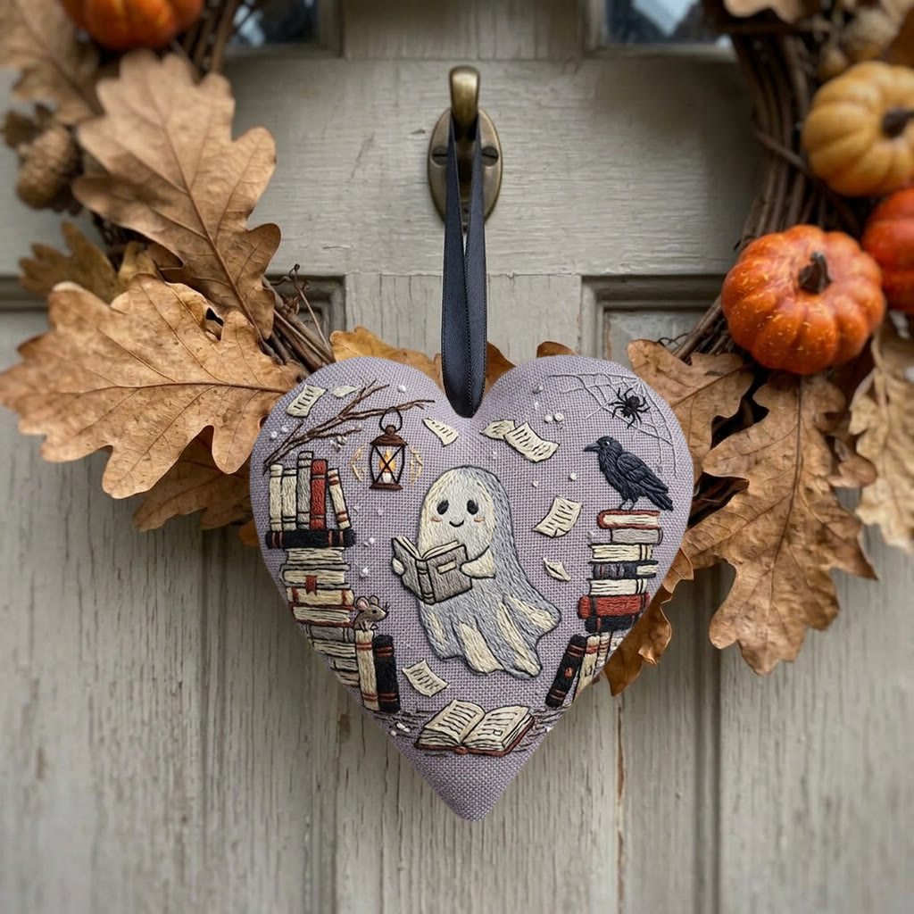 Rubbyoo Heart Embroidery Kit - Reading Ghost | Spooky Cute Gift | Halloween Aesthetic Accent - image 2