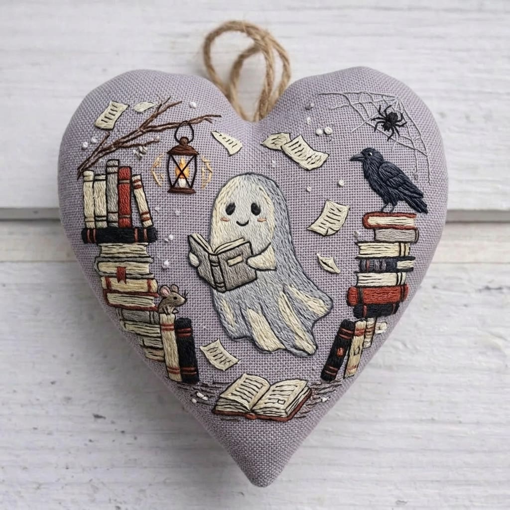 Rubbyoo Heart Embroidery Kit - Reading Ghost | Spooky Cute Gift | Halloween Aesthetic Accent - 6 inches hoop kit - image 1