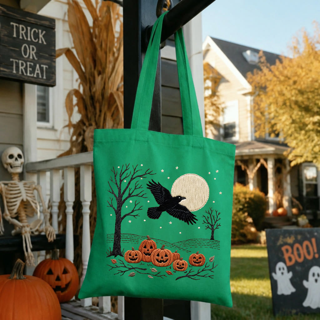 Rubbyoo Embroidery Tote Bag Kit - Raven At Night | Halloween Bag For Kids | Vintage Handmade Craft  - 11.8" × 13.8" - Green - image 3