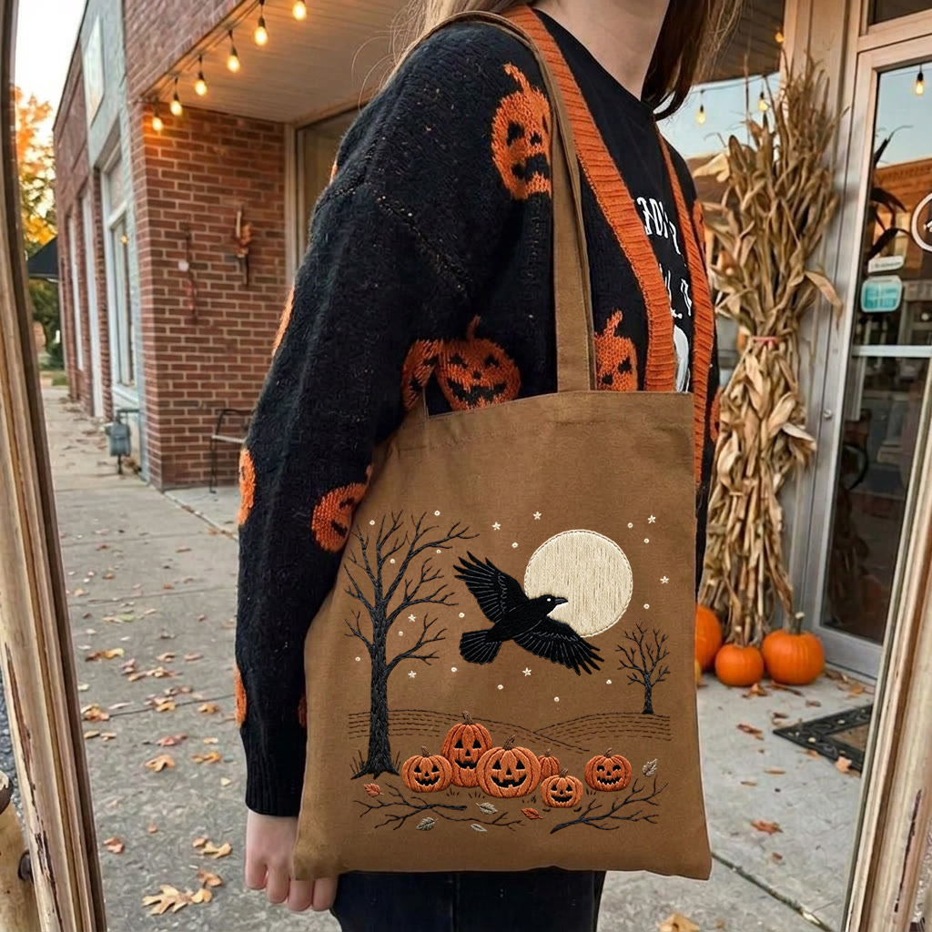 Rubbyoo Embroidery Tote Bag Kit - Raven At Night | Halloween Bag For Kids | Vintage Handmade Craft  - 11.8" × 13.8" - Brown - image 2