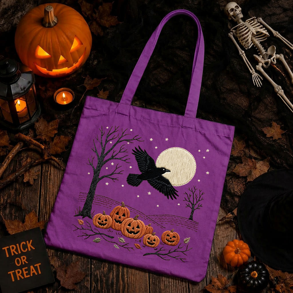 Rubbyoo Embroidery Tote Bag Kit - Raven At Night | Halloween Bag For Kids | Vintage Handmade Craft  - 11.8" × 13.8" - Purple - image 6