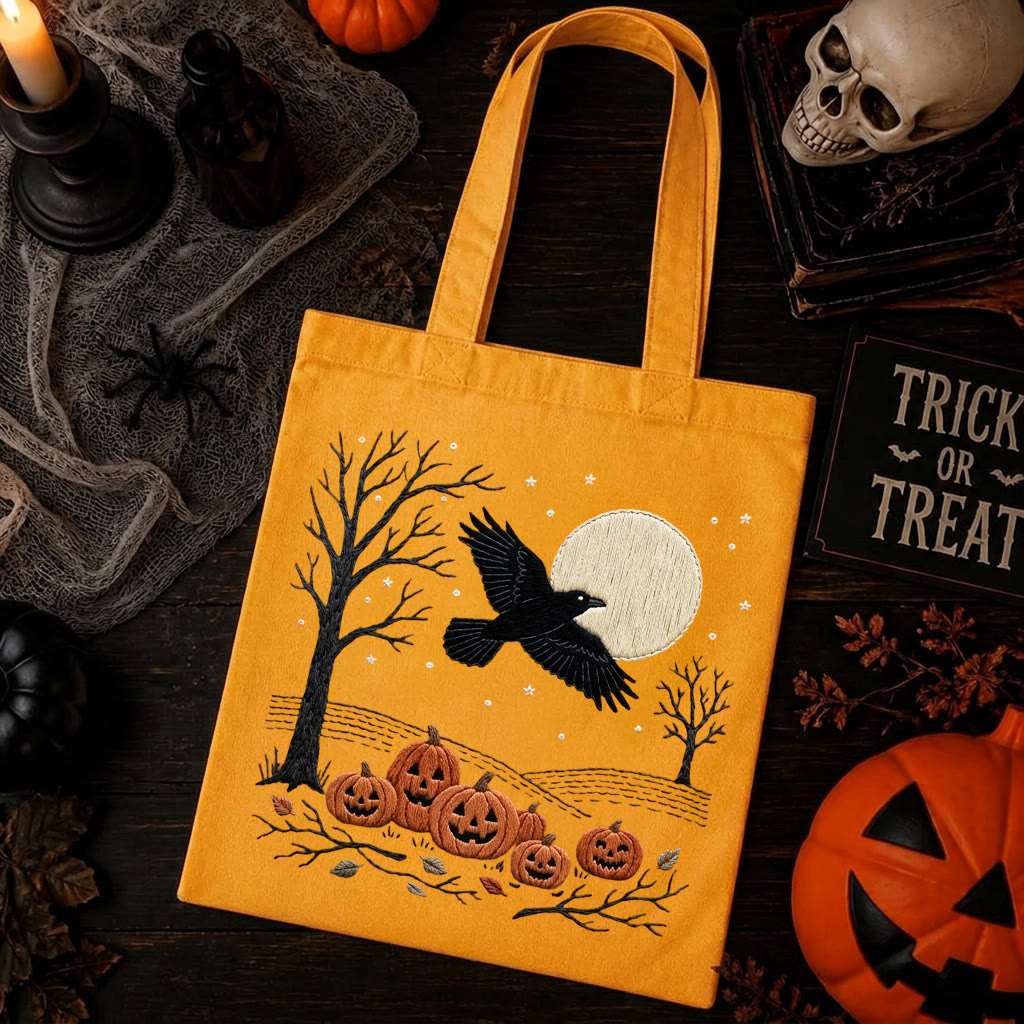 Rubbyoo Embroidery Tote Bag Kit - Raven At Night | Halloween Bag For Kids | Vintage Handmade Craft  - 11.8" × 13.8" - Yellow - image 5