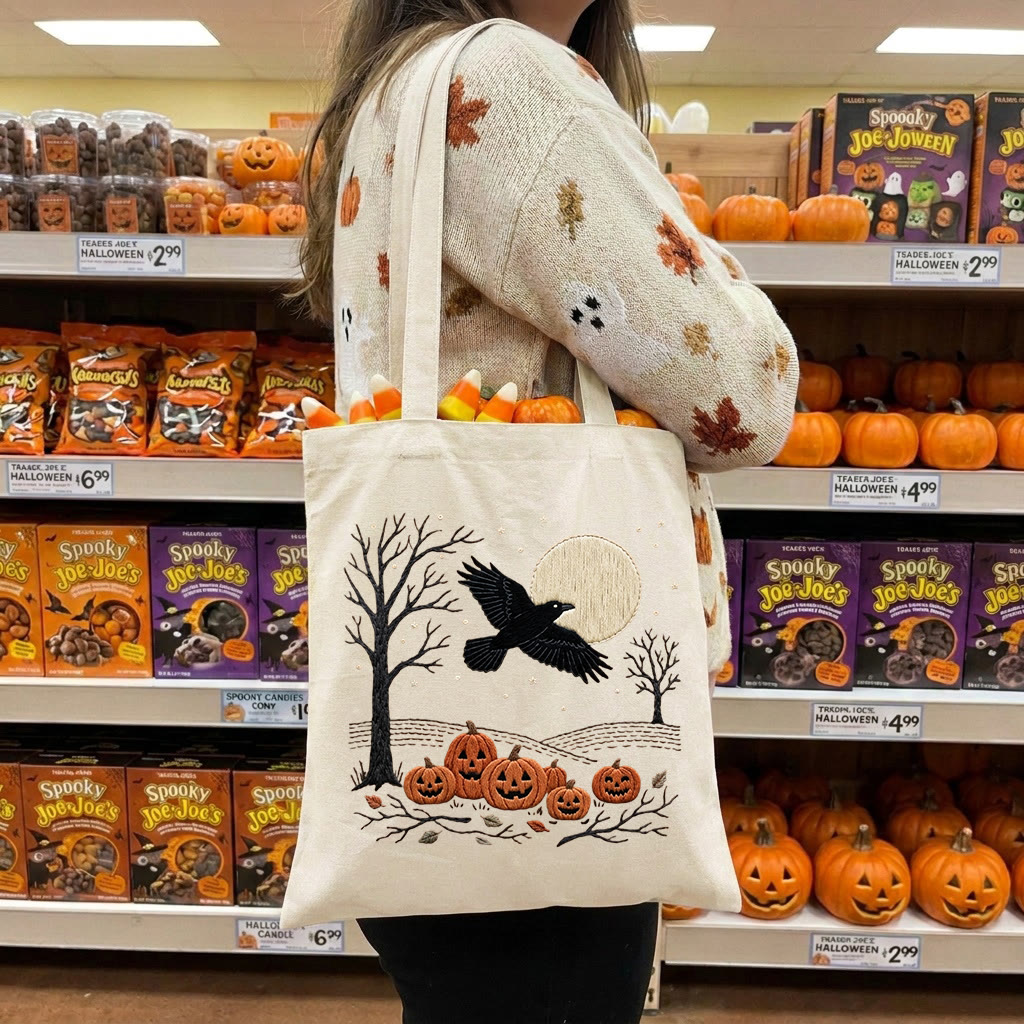 Rubbyoo Embroidery Tote Bag Kit - Raven At Night | Halloween Bag For Kids | Vintage Handmade Craft  - 11.8" × 13.8" - White - image 4
