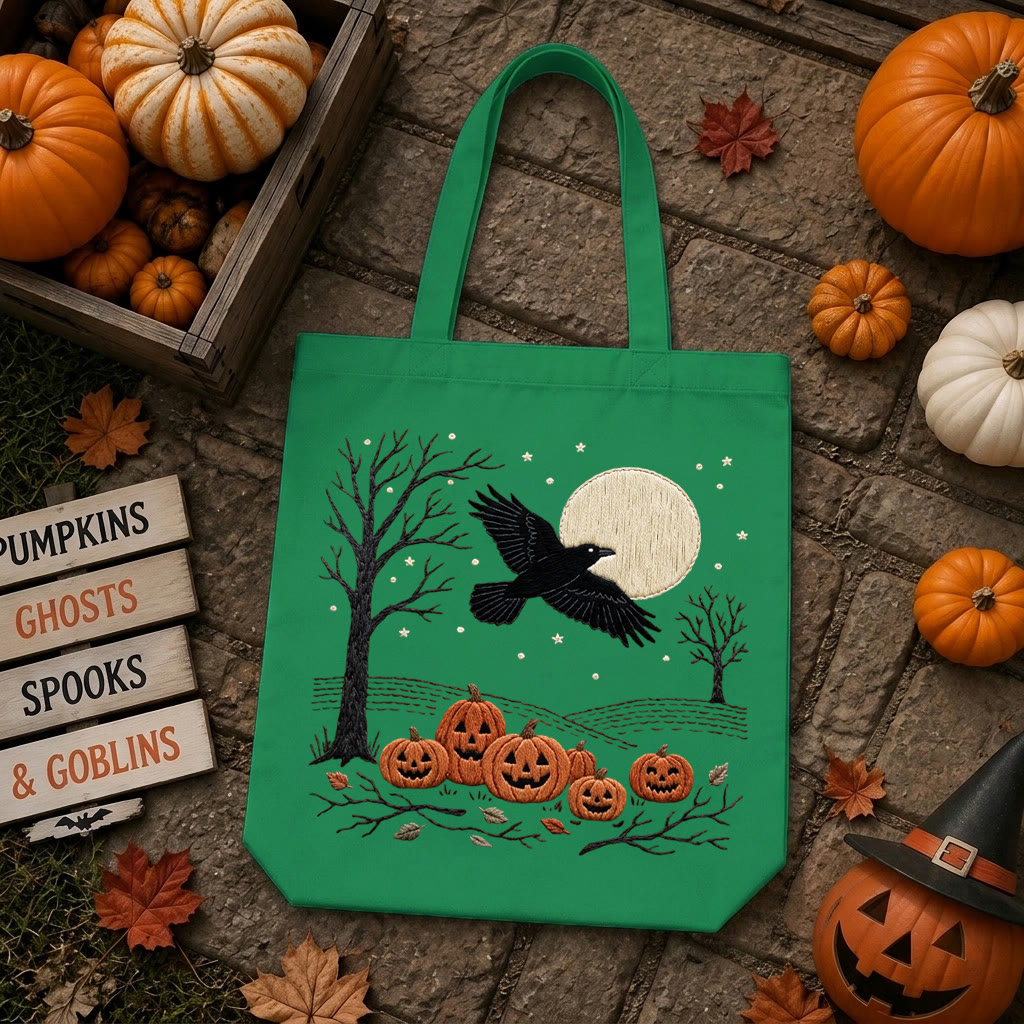 Rubbyoo Embroidery Tote Bag Kit - Raven At Night | Halloween Bag For Kids | Vintage Handmade Craft  - image 1