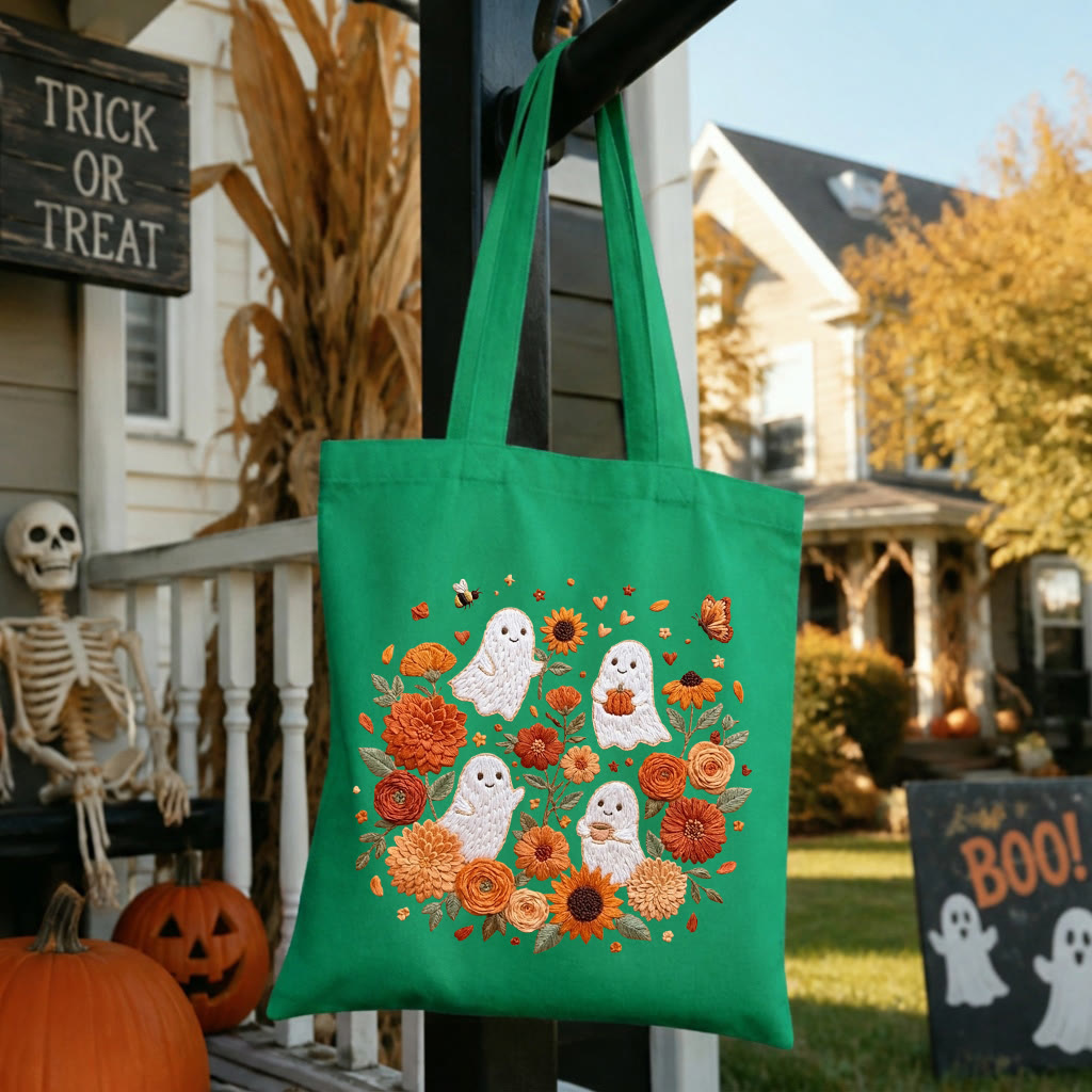 Rubbyoo Embroidery Tote Bag Kit - Ghostly Frolic | Halloween Floral Craft | Perfect For Handmade Beginners  - 11.8" × 13.8" - Green - image 3