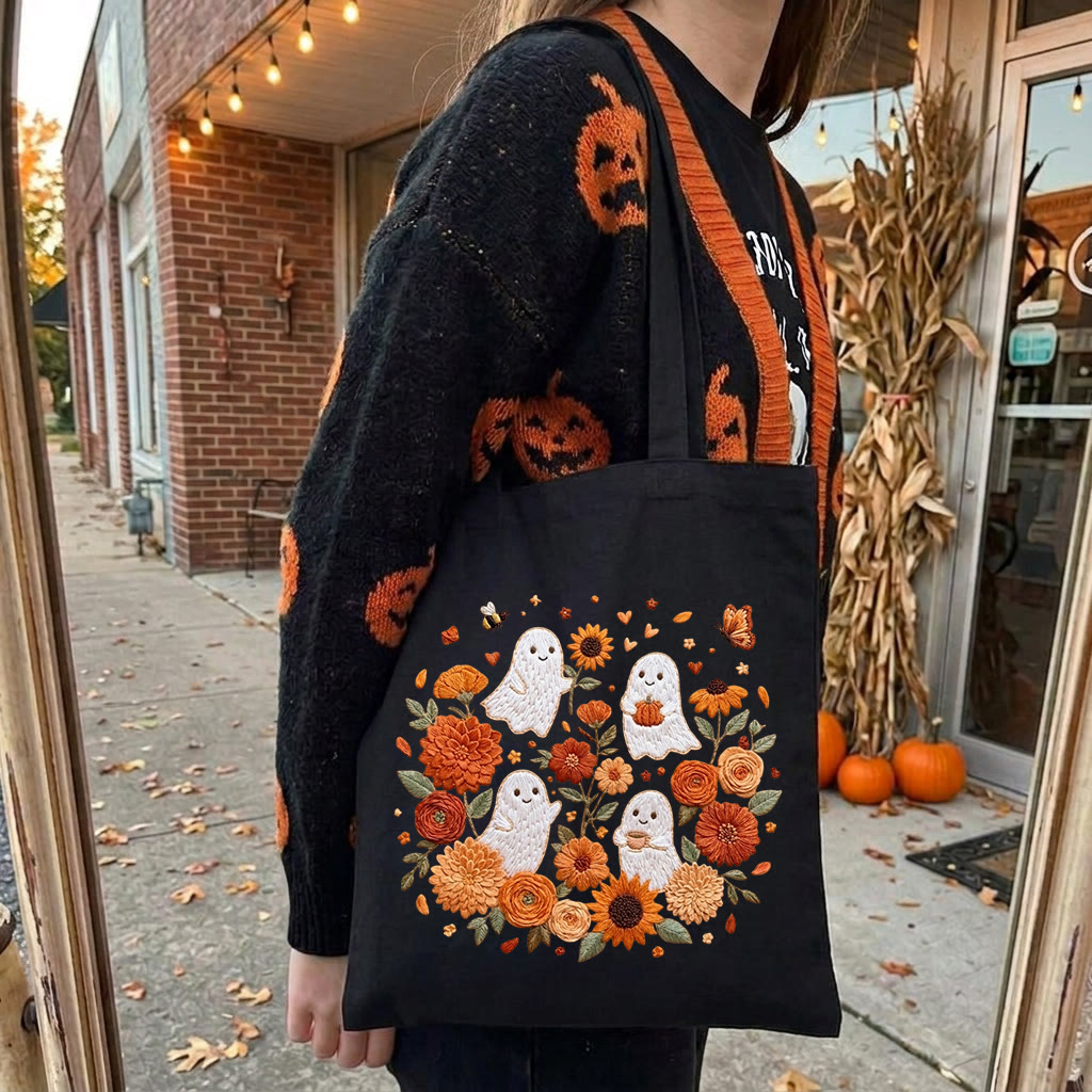Rubbyoo Embroidery Tote Bag Kit - Ghostly Frolic | Halloween Floral Craft | Perfect For Handmade Beginners  - 11.8" × 13.8" - Black - image 2