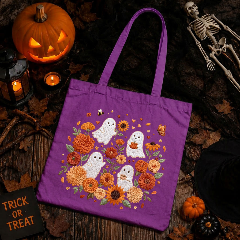 Rubbyoo Embroidery Tote Bag Kit - Ghostly Frolic | Halloween Floral Craft | Perfect For Handmade Beginners  - 11.8" × 13.8" - Purple - image 5