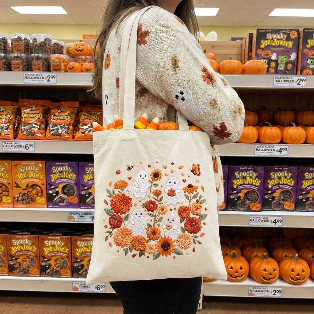 Rubbyoo Embroidery Tote Bag Kit - Ghostly Frolic | Halloween Floral Craft | Perfect For Handmade Beginners  - 11.8" × 13.8" - White - image 4