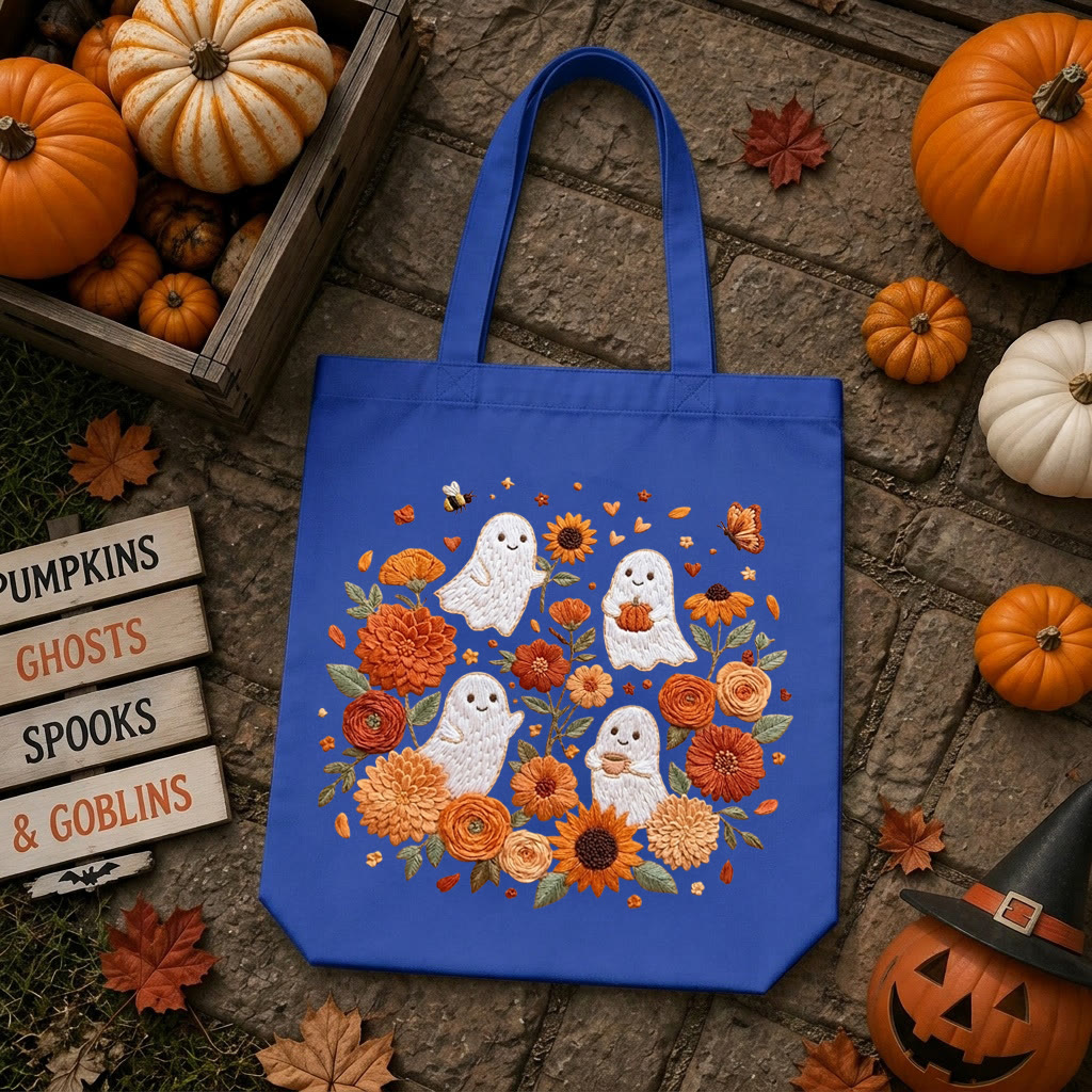 Rubbyoo Embroidery Tote Bag Kit - Ghostly Frolic | Halloween Floral Craft | Perfect For Handmade Beginners  - 11.8" × 13.8" - Royal blue - image 1