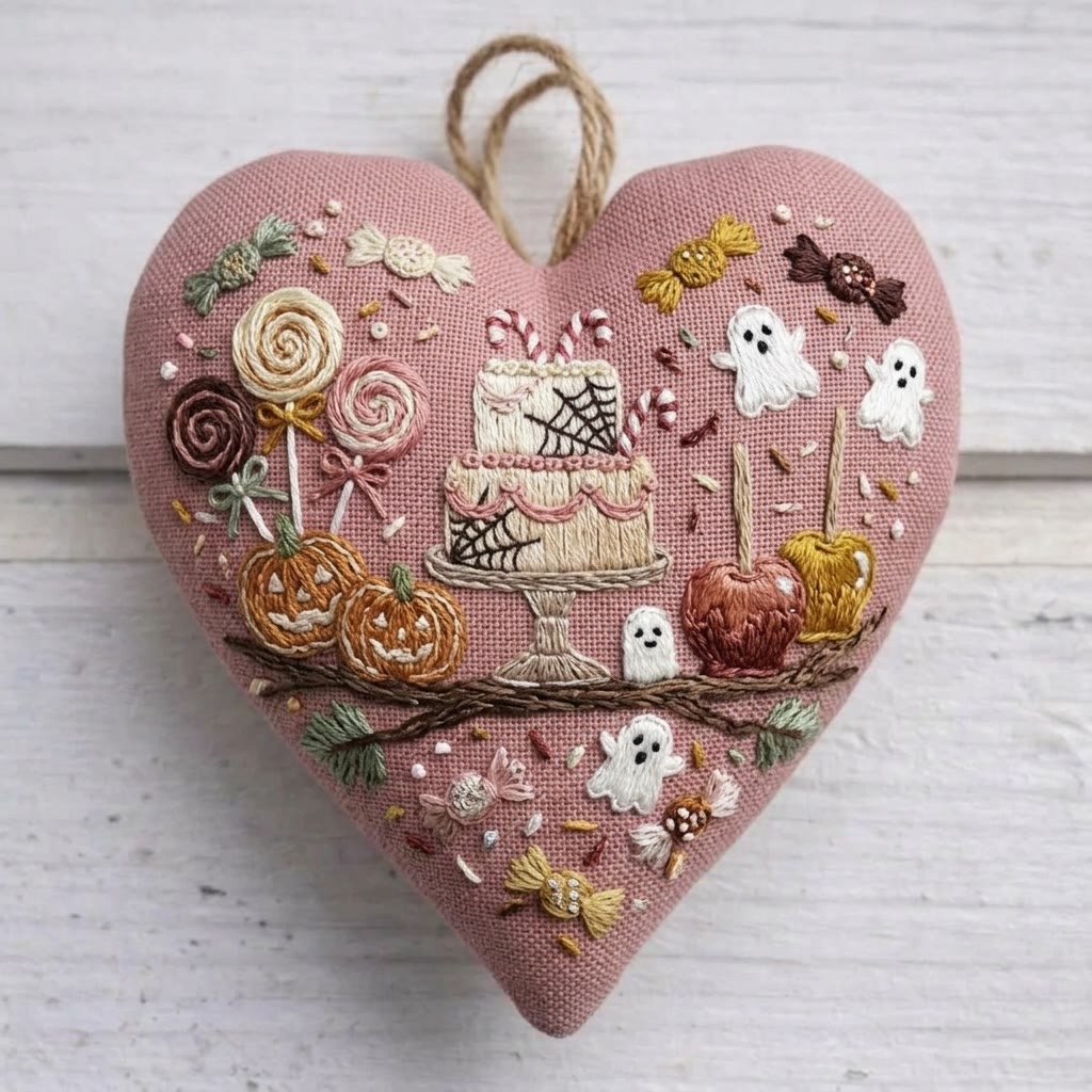 Rubbyoo Heart Embroidery Kit - Spiderweb Cake | Trick-or-treat Gift | Halloween Party Decor - 6 inches hoop kit - image 1
