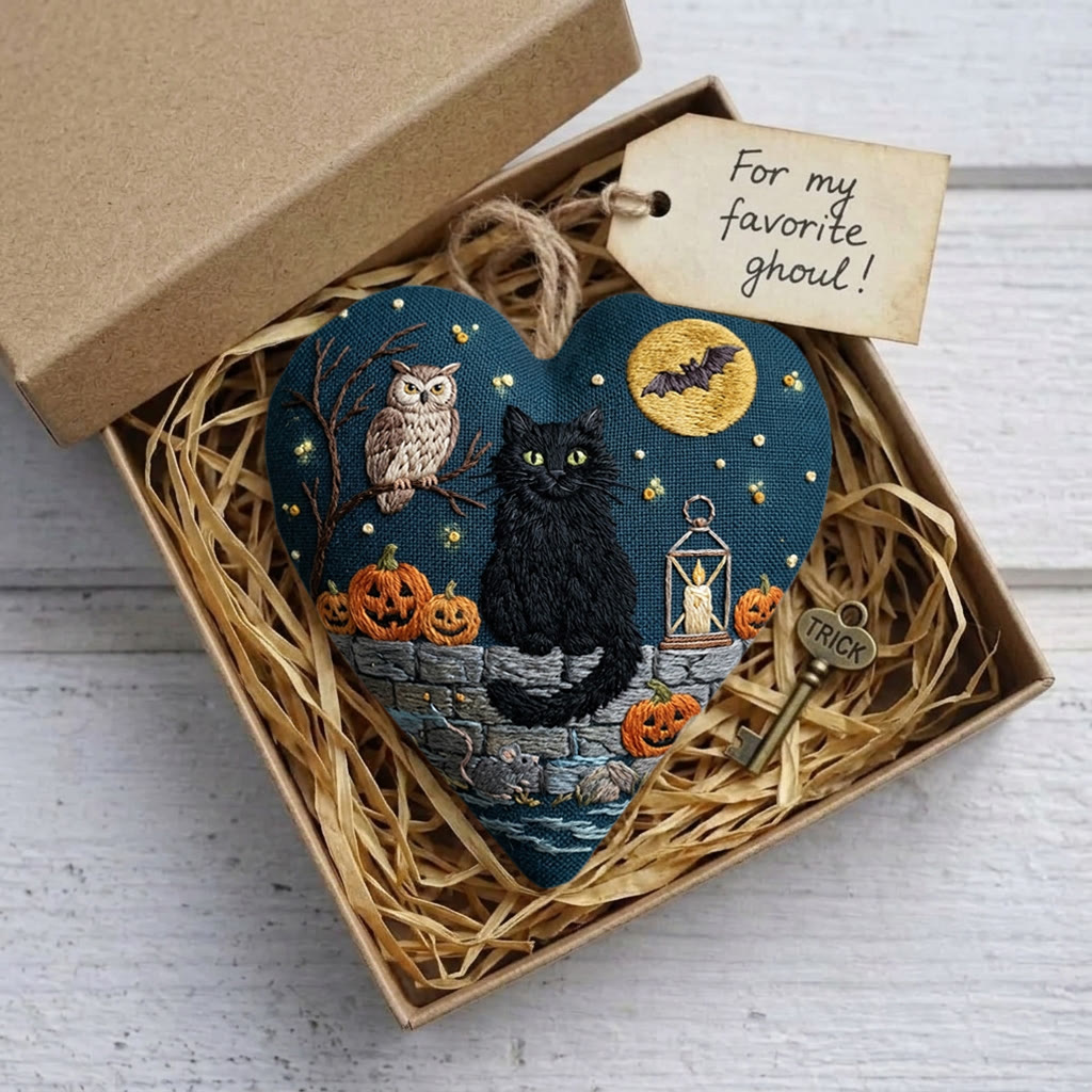Rubbyoo Heart Embroidery Kit - Black Cat | Textile Craft Gift | Halloween Tree Ornament - image 5