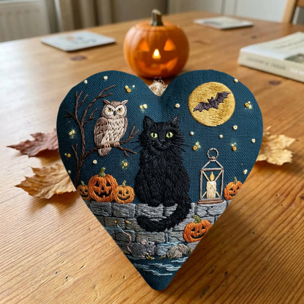 Rubbyoo Heart Embroidery Kit - Black Cat | Textile Craft Gift | Halloween Tree Ornament - image 3