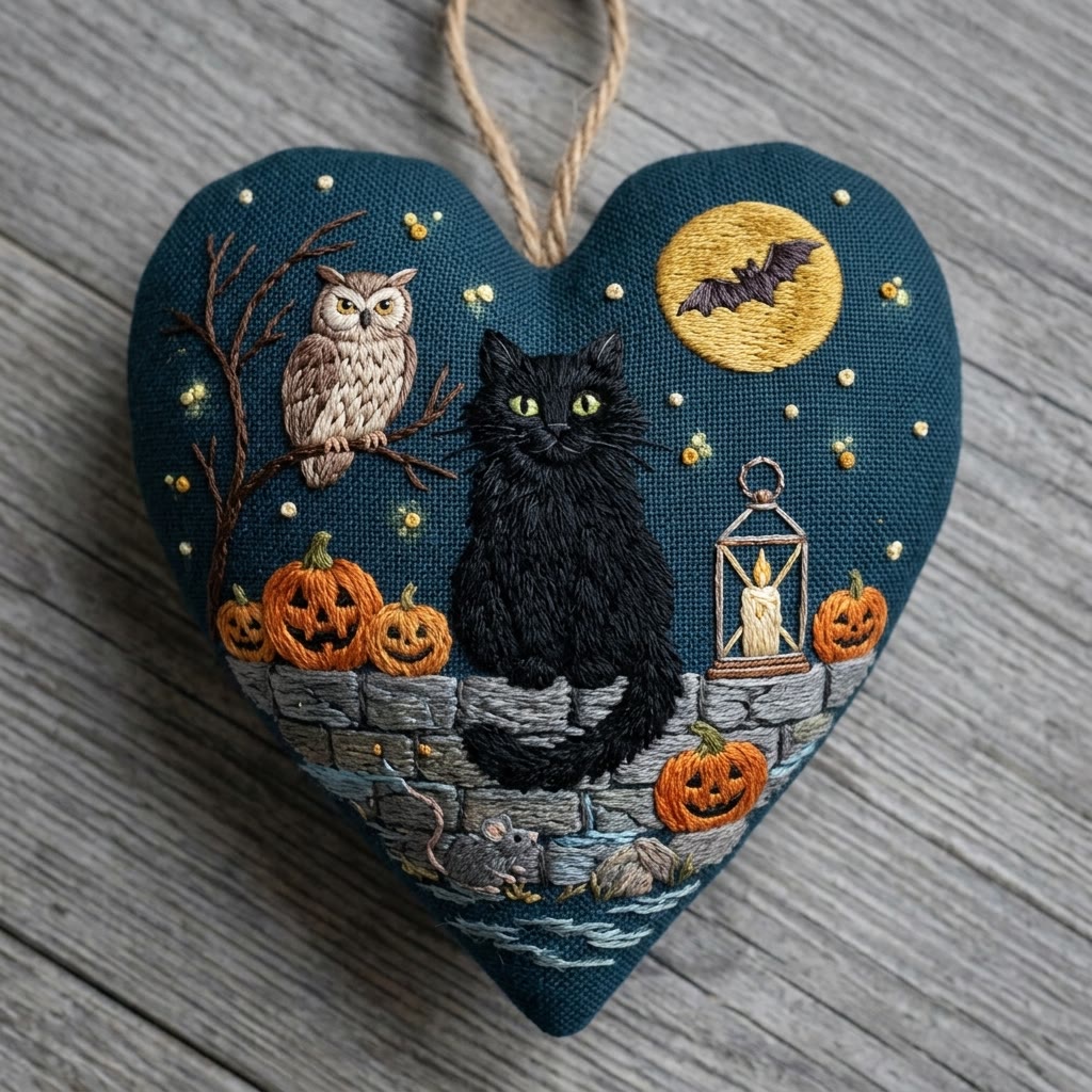 Rubbyoo Heart Embroidery Kit - Black Cat | Textile Craft Gift | Halloween Tree Ornament - 6 inches hoop kit - image 1