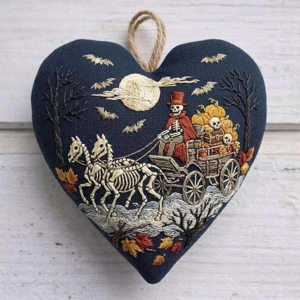 Rubbyoo Heart Embroidery Kit - Skeleton Driver | Halloween Gift | Gothic Home Decor - 6 inches hoop kit - image 1