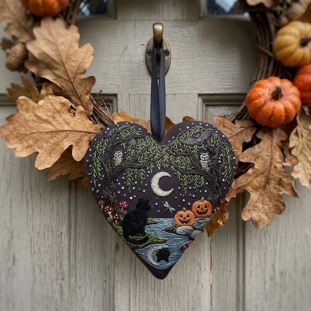 Rubbyoo Heart Embroidery Kit - Black Cat In Woodland | Hand Stitched Craft | Halloween Wall Hanging - image 2