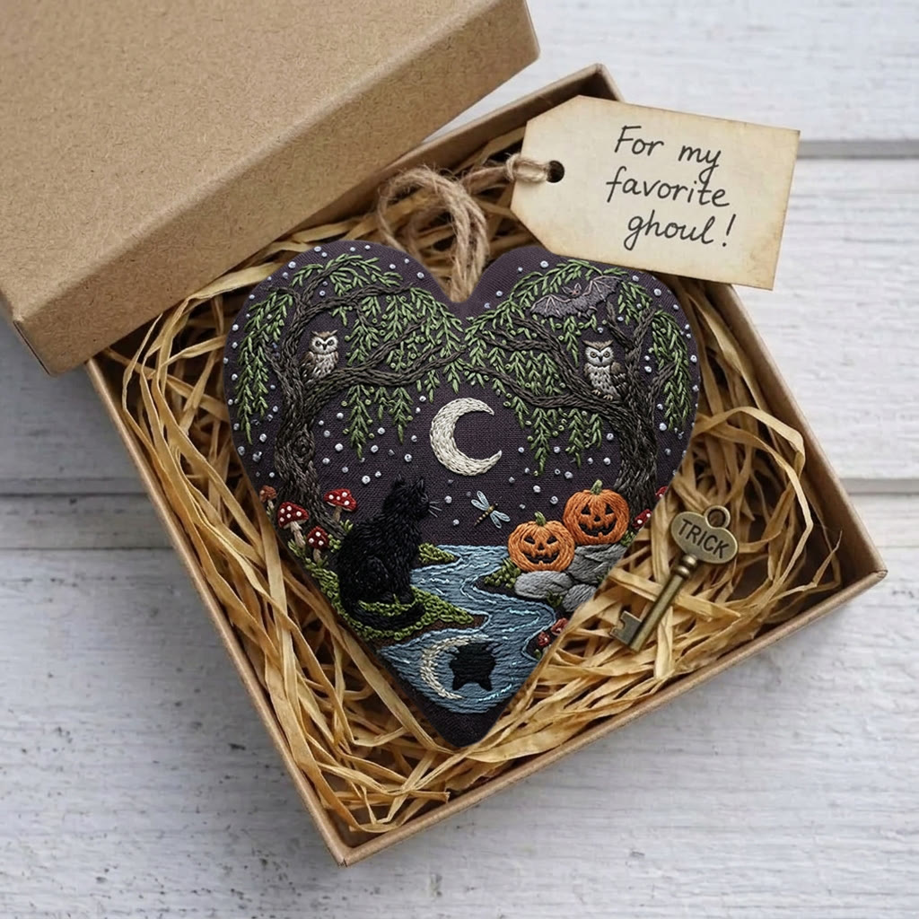 Rubbyoo Heart Embroidery Kit - Black Cat In Woodland | Hand Stitched Craft | Halloween Wall Hanging - image 5