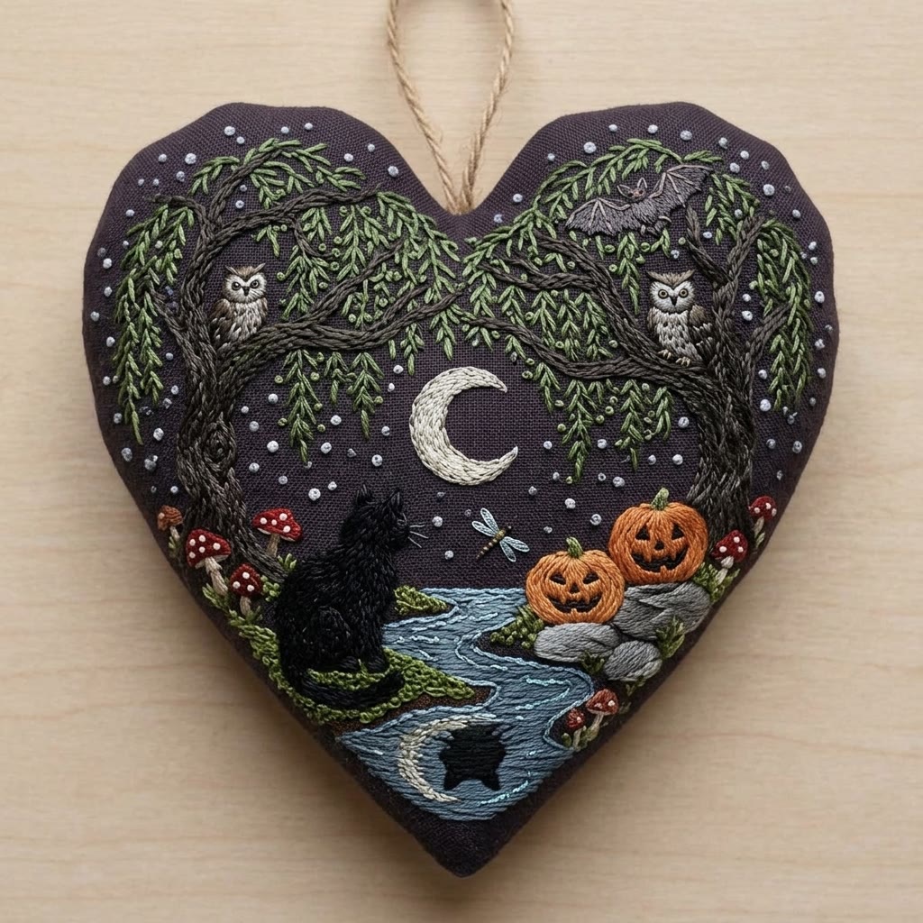 Rubbyoo Heart Embroidery Kit - Black Cat In Woodland | Hand Stitched Craft | Halloween Wall Hanging - 6 inches hoop kit - image 1