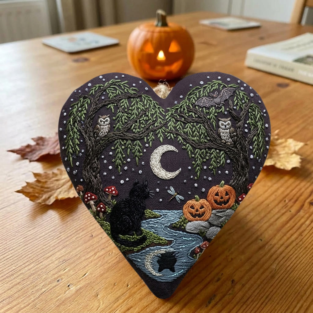 Rubbyoo Heart Embroidery Kit - Black Cat In Woodland | Hand Stitched Craft | Halloween Wall Hanging - image 3