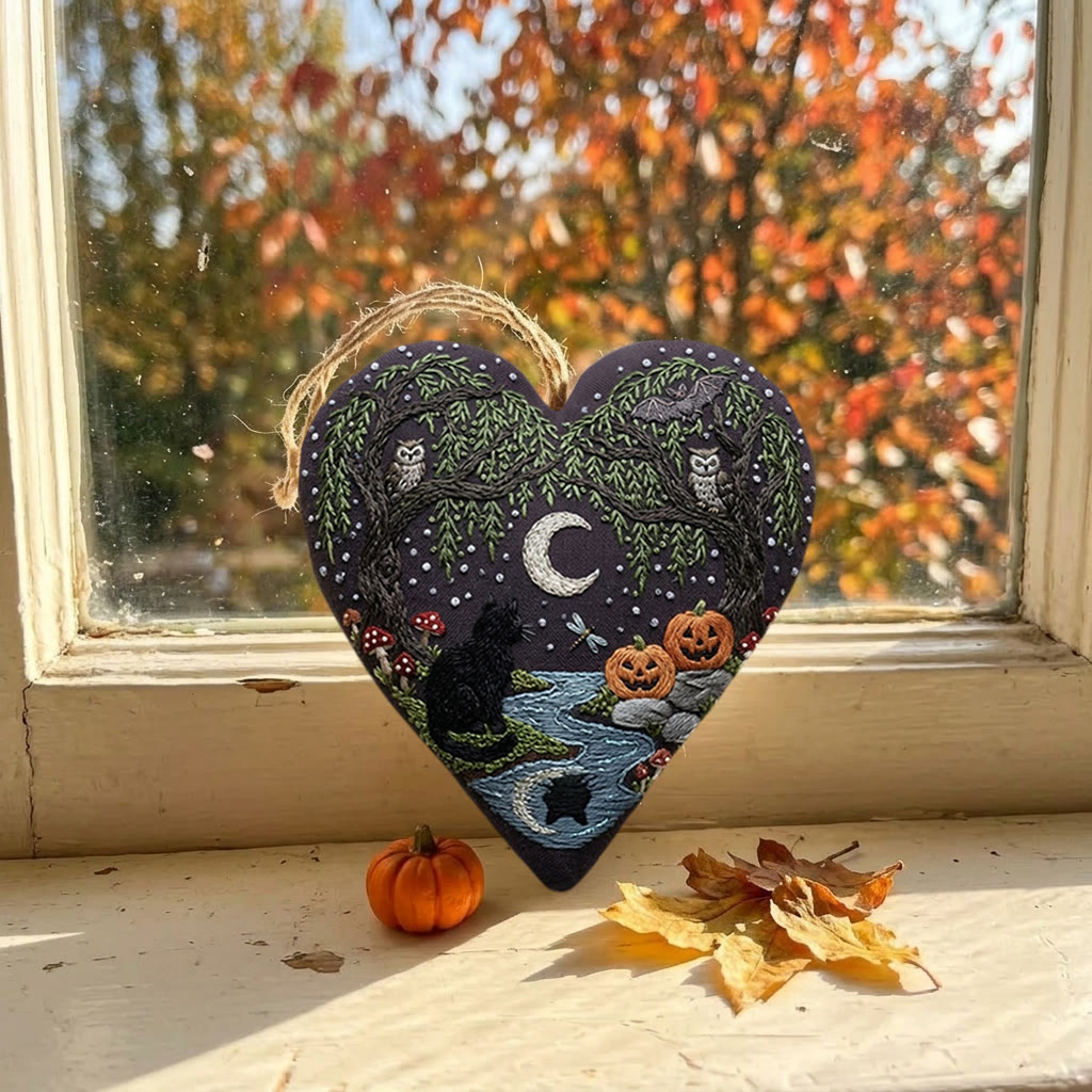 Rubbyoo Heart Embroidery Kit - Black Cat In Woodland | Hand Stitched Craft | Halloween Wall Hanging - image 7