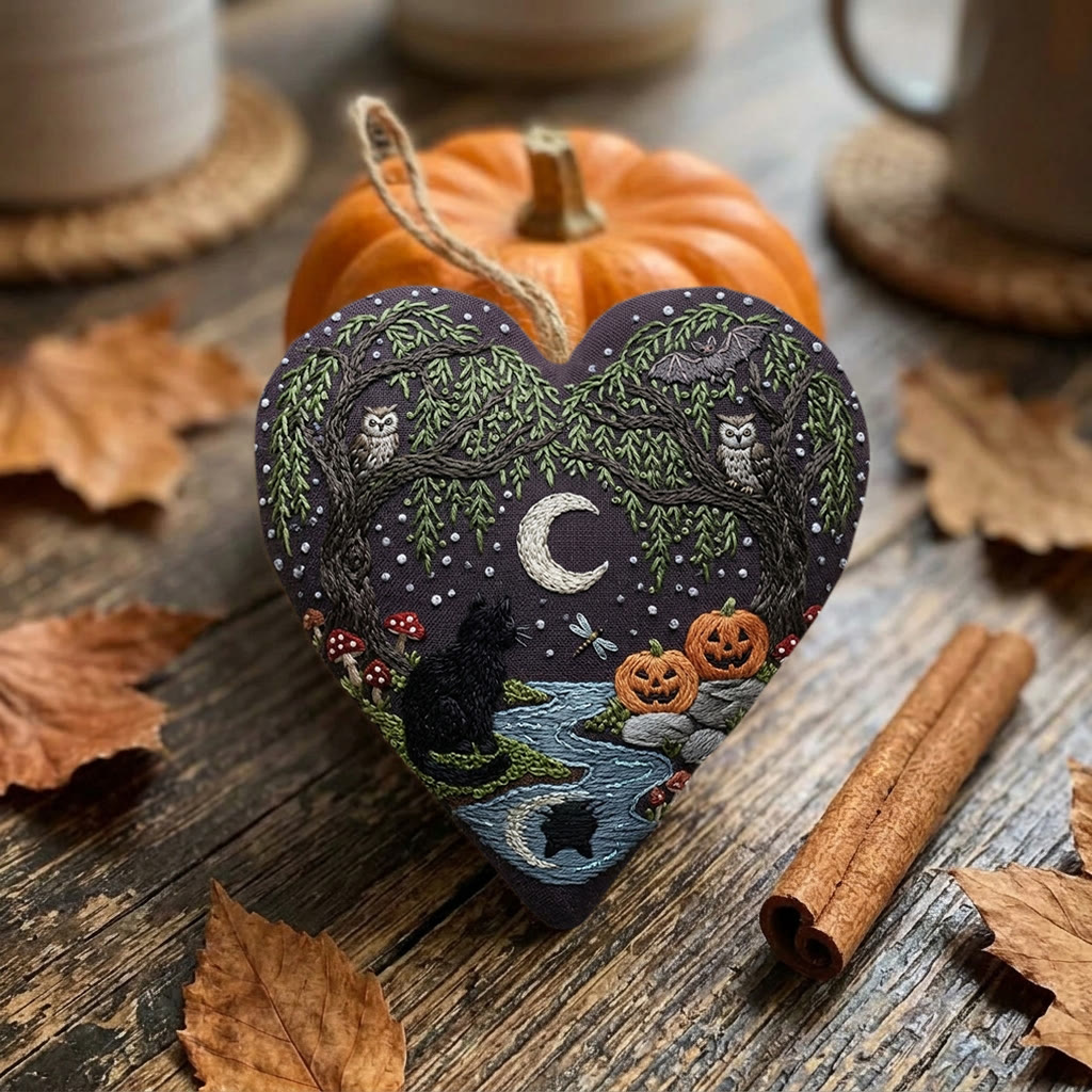 Rubbyoo Heart Embroidery Kit - Black Cat In Woodland | Hand Stitched Craft | Halloween Wall Hanging - image 4