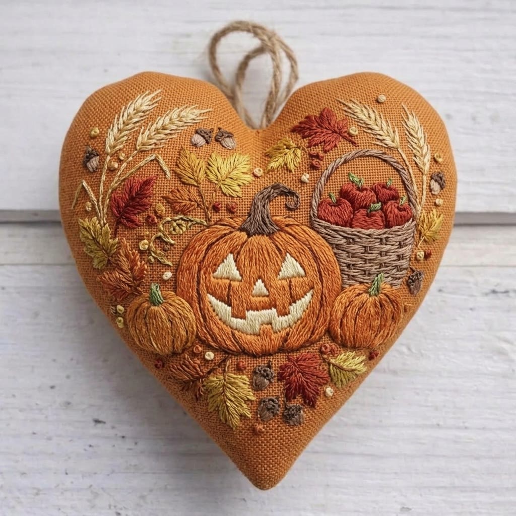 Rubbyoo Heart Embroidery Kit - Smiling Pumpkin | Fall Birthday Gift | Cozy Halloween Decor - 6 inches hoop kit - image 1