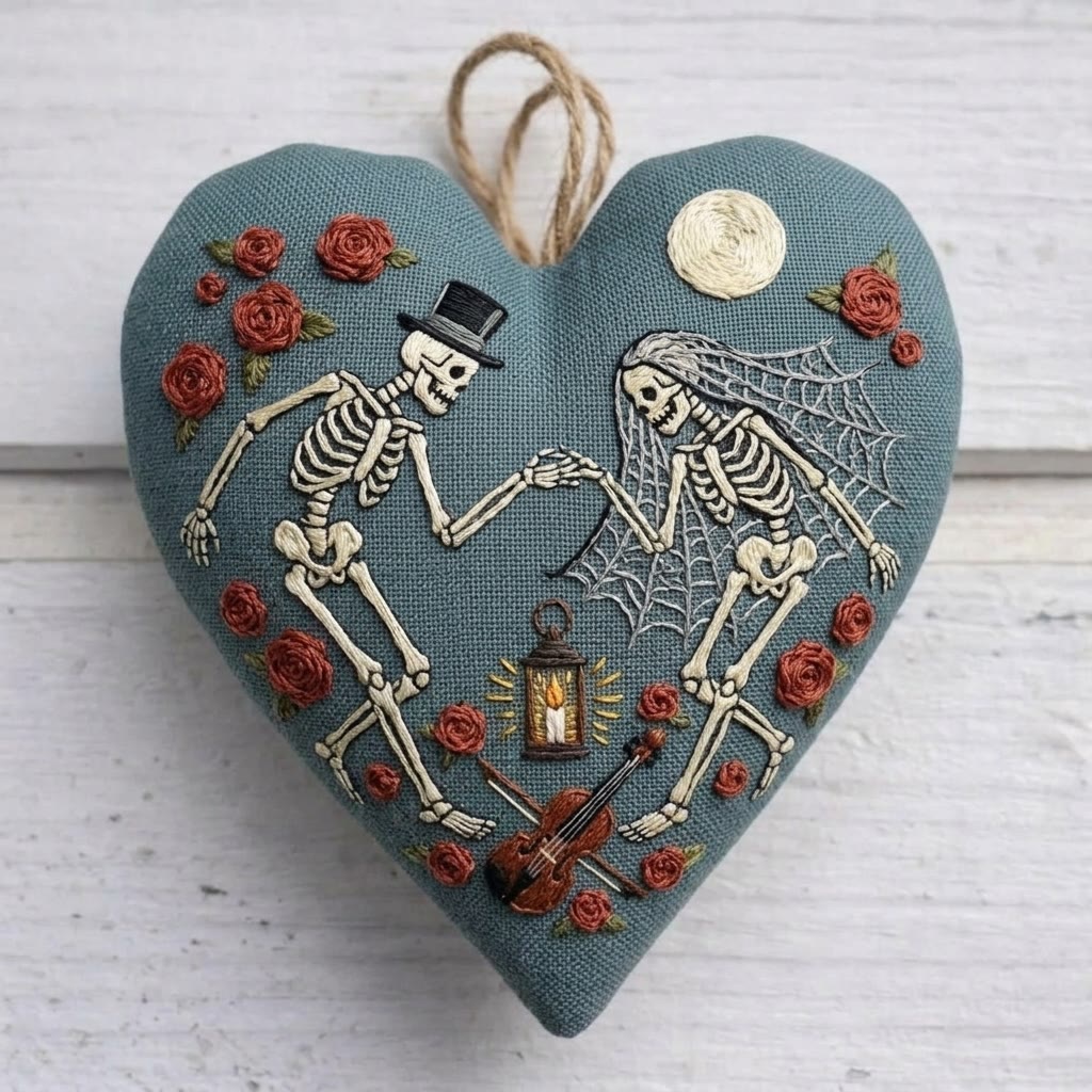 Rubbyoo Heart Embroidery Kit - Dancing Skeleton Couple | Dark Romant Gift | Halloween Bag Charm - 6 inches hoop kit - image 1