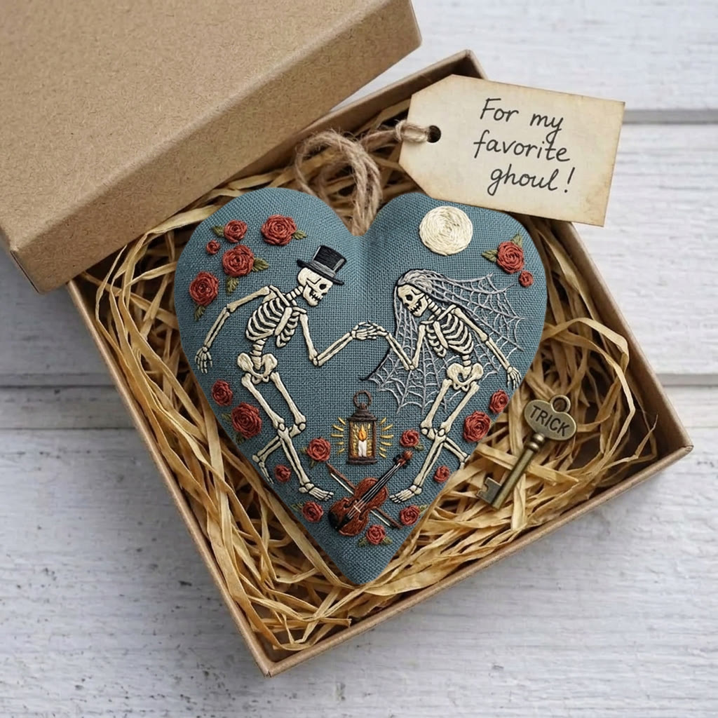 Rubbyoo Heart Embroidery Kit - Dancing Skeleton Couple | Dark Romant Gift | Halloween Bag Charm - image 5