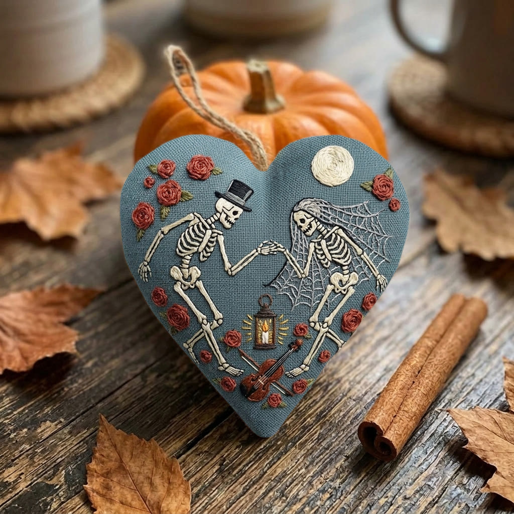 Rubbyoo Heart Embroidery Kit - Dancing Skeleton Couple | Dark Romant Gift | Halloween Bag Charm - image 3