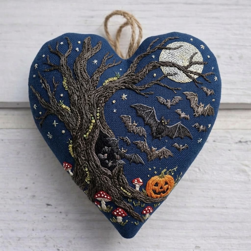 Rubbyoo Heart Embroidery Kit - Flying Bats | Witchy Gift | Spooky Season Decor - 6 inches hoop kit - image 1