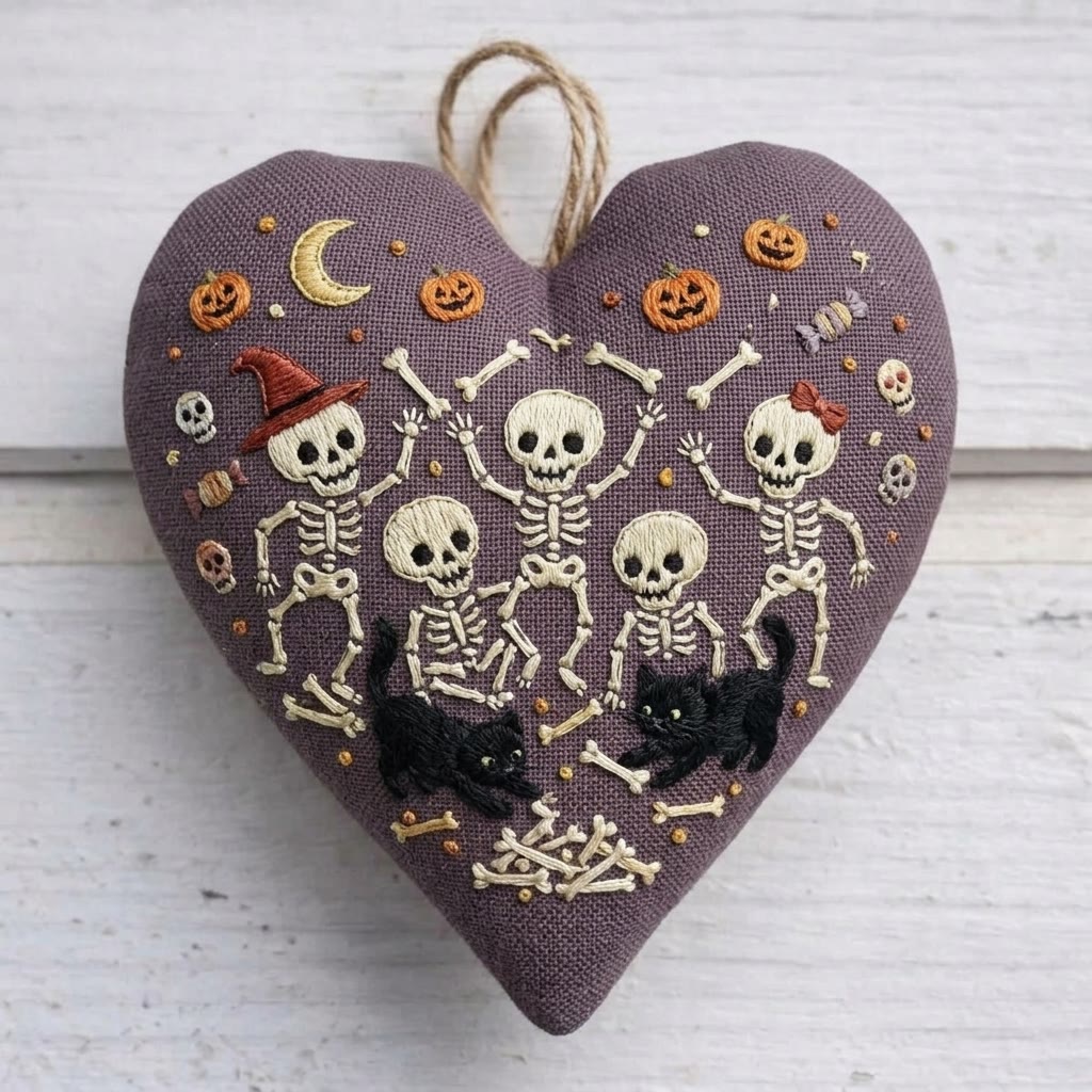 Rubbyoo Heart Embroidery Kit - Dancing Skeletons | Unique Spooky Gift | Kids Room Halloween - 6 inches hoop kit - image 1