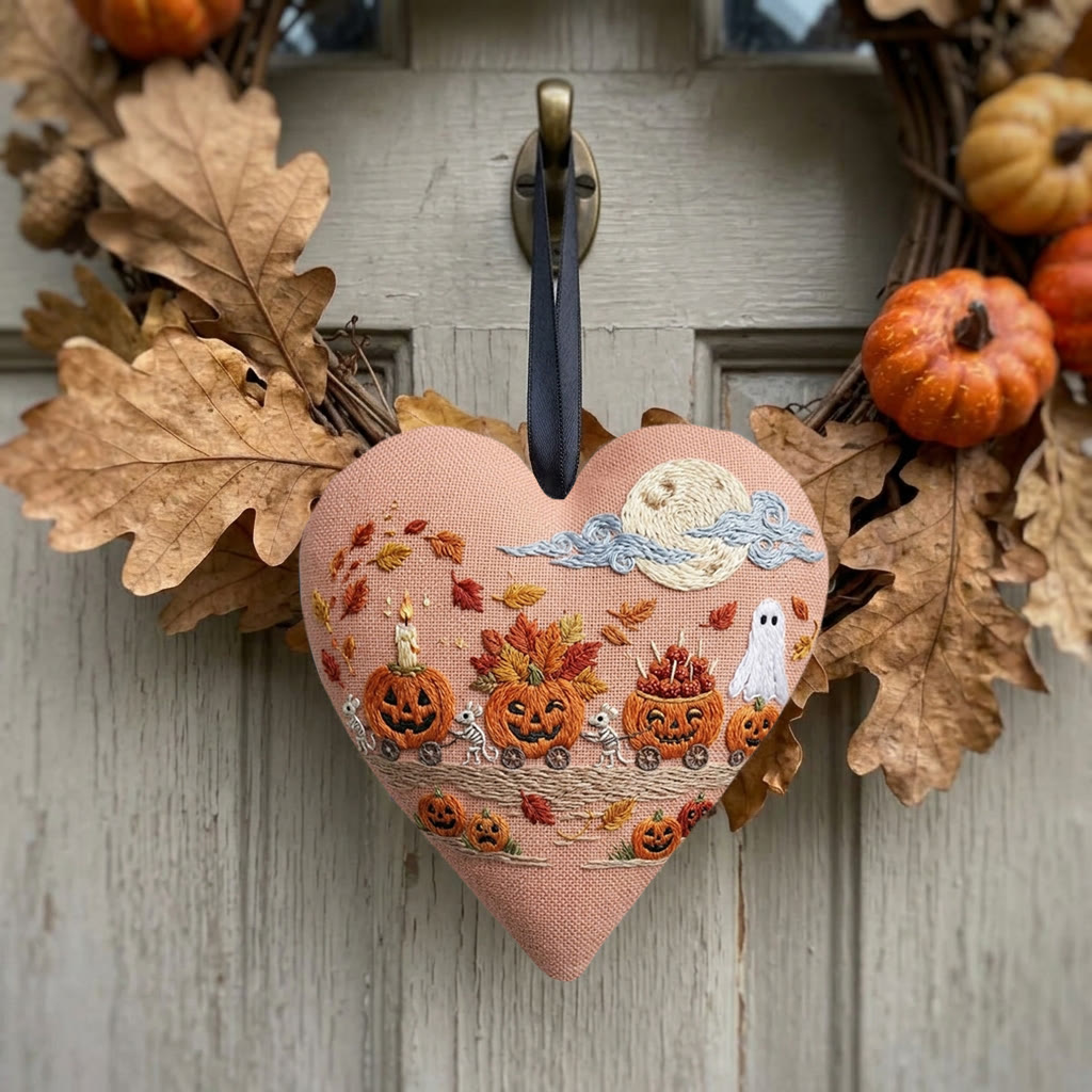 Rubbyoo Heart Embroidery Kit - Pumpkin Train | Gift For Friend |  Spooky Cute Bag Accessory - image 2