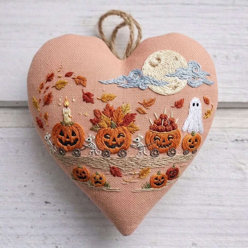 Rubbyoo Heart Embroidery Kit - Pumpkin Train | Gift For Friend |  Spooky Cute Bag Accessory - 6 inches hoop kit - image 1