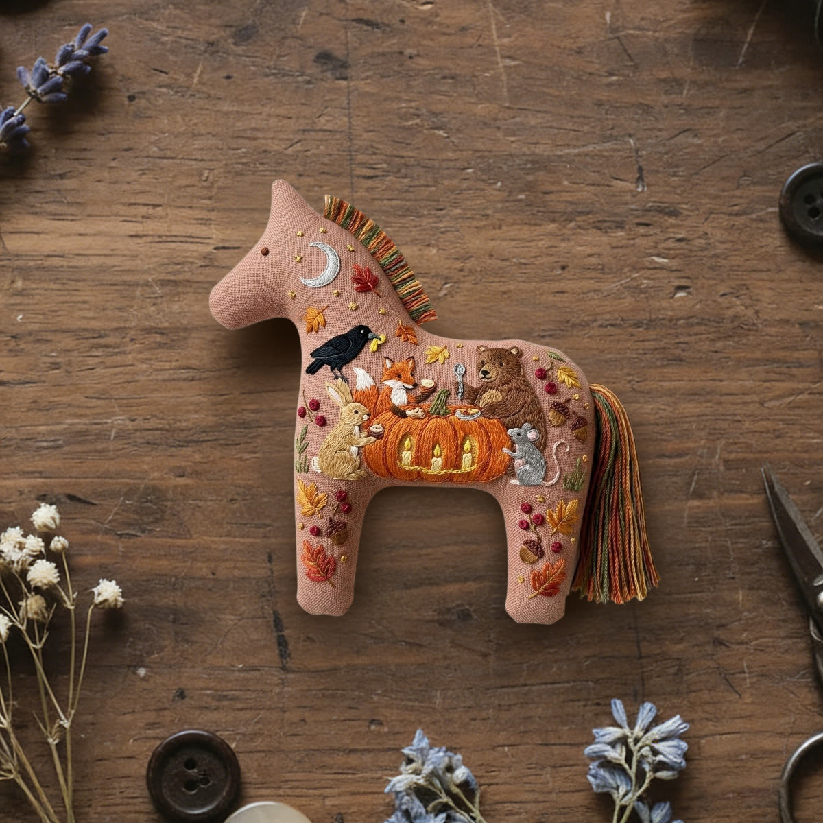 Rubbyoo Dala Horse Embroidery Kit - Halloween Animal Pumpkin Feast  | Ideal For Holiday Gifts | Unique Handmade Presents  - 6 inches hoop kit - image 1